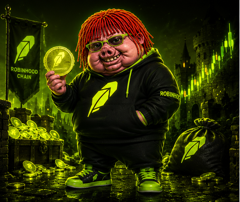 RobinHog holding a golden ROBINHOG coin