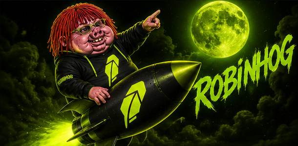 RobinHog riding a rocket to the moon